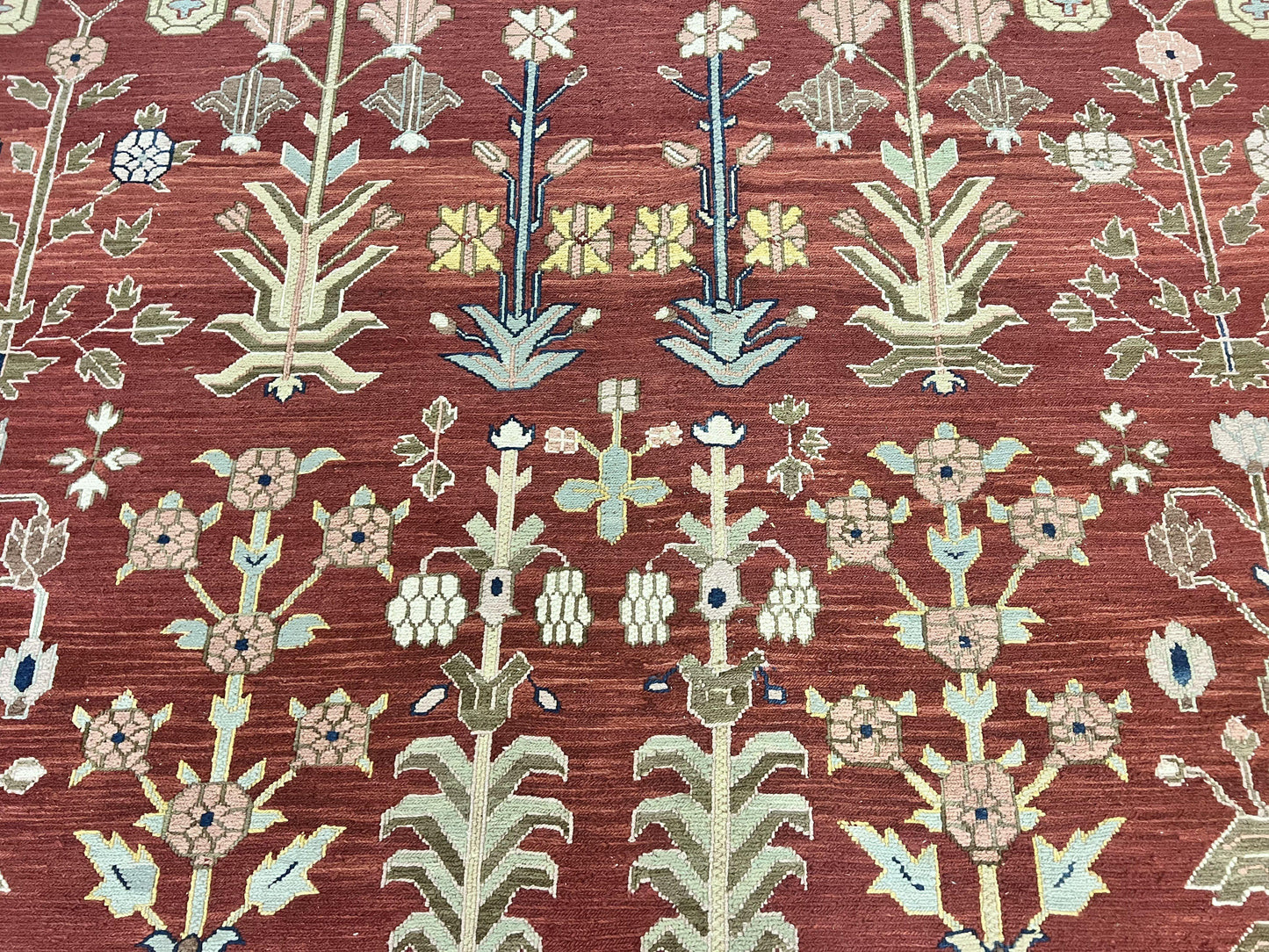 Wool Hand Knotted Indian Rug 10x14 Tree of Life Red Green Contemporary Carpet