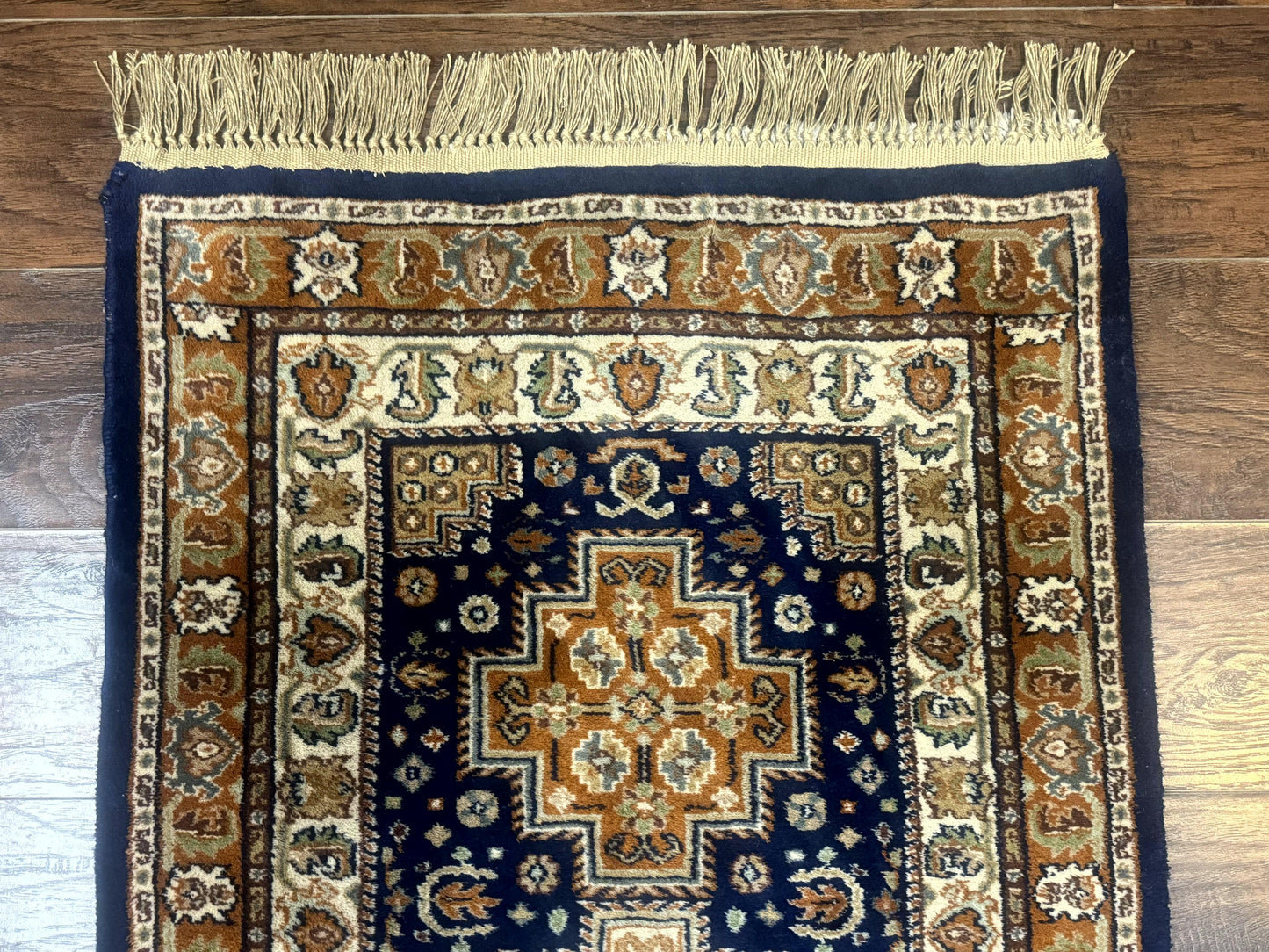 Indo Persian Kashmiri Wool Runner Rug 2.6x12.7 Navy Blue Geometric Medallions Handmade