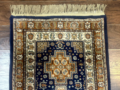 Indo Persian Kashmiri Wool Runner Rug 2.6x12.7 Navy Blue Geometric Medallions Handmade