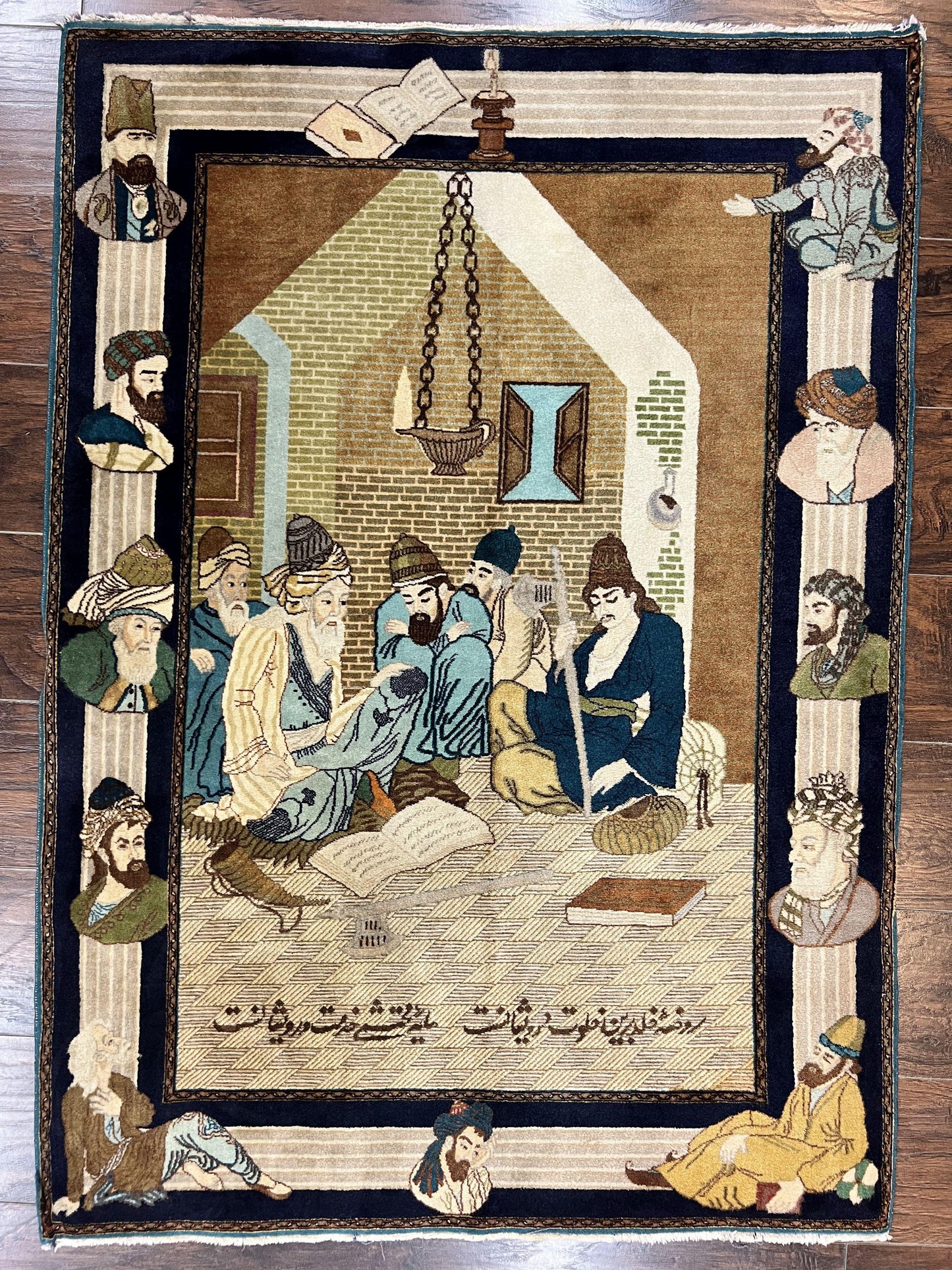 Persian Tabriz Pictorial Rug 3x5 Hand Knotted Wool Wall Hanging Vintage Semi Antique