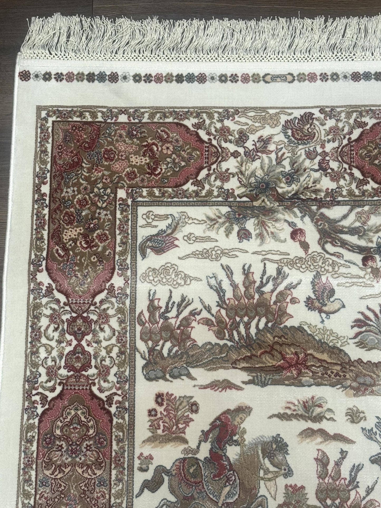 Turkish Silk Runner Rug 2.6 x 8 Ivory Bamboo Silk Hunting Design