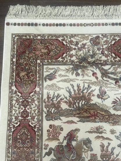 Turkish Silk Runner Rug 2.6 x 8 Ivory Bamboo Silk Hunting Design