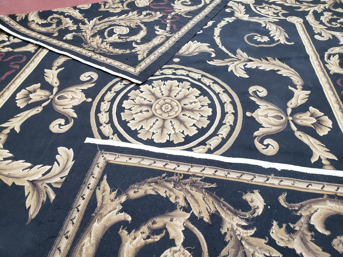 Black And Tan Aubusson Rug 10x14 Handmade Wool Flatweave Decor