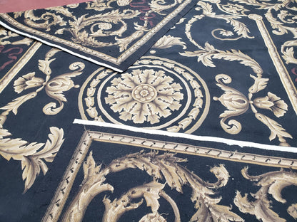 Black And Tan Aubusson Rug 10x14 Handmade Wool Flatweave Decor