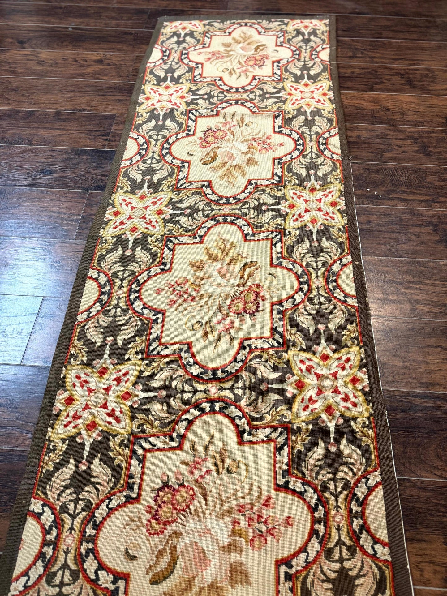 Needlepoint Runner Rug European French Design Handmade Wool Vintage