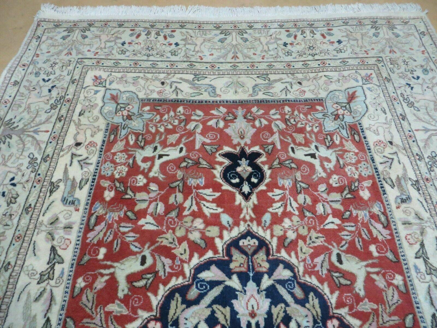 Vintage Indian Wool Rug Hunting Birds And Deer Oriental Floral Design 6 By 9