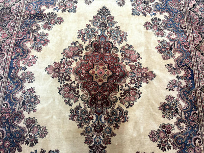 Persian Sarouk Rug 9x12 Ivory and Blue Hand Knotted Antique 1920s Semi Open Field Medallion