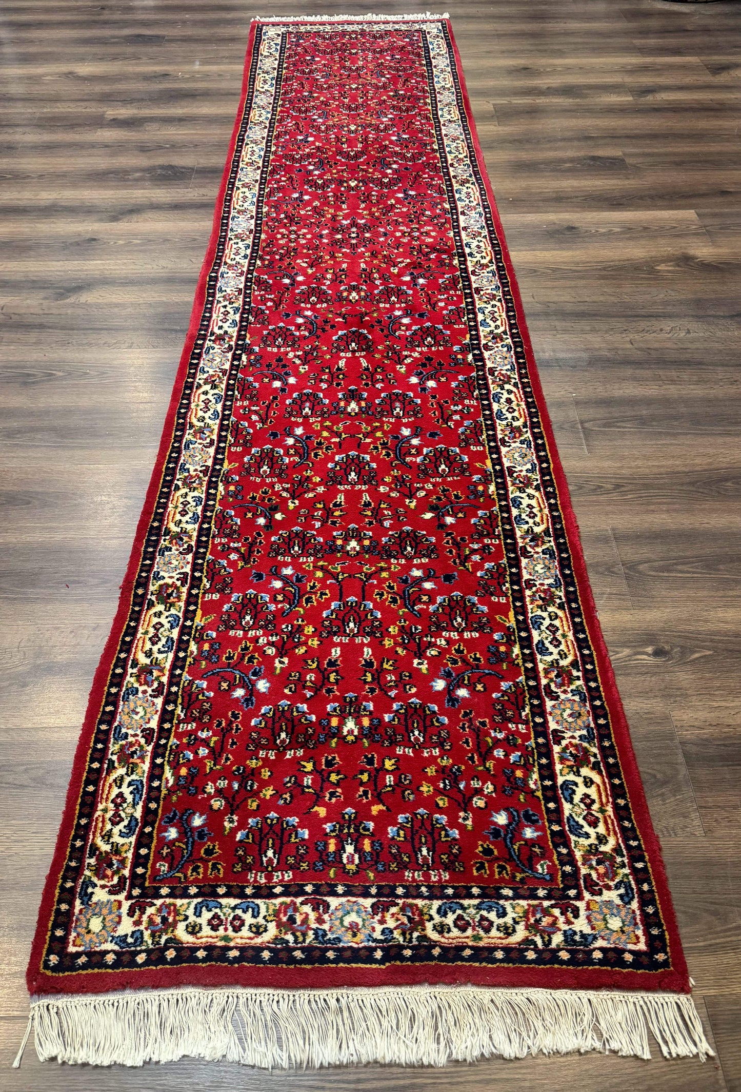 Indo Persian Sarouk Runner Rug 3x12 Hand Knotted Vintage Red And Cream Allover Pattern