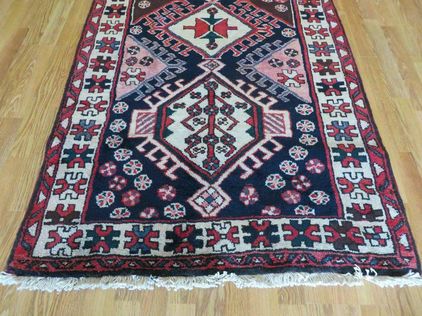 Persian Runner Rug 3.5 x 10.7 Navy Blue Karajeh Heriz Wool Geometric Medallions