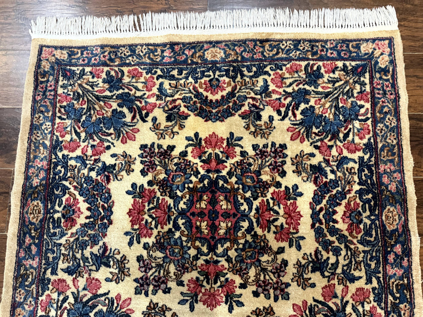 Persian Kerman Rug 4x4 Square Ivory Blue Pink Handmade 225 KPSI