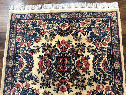 Persian Kerman Rug 4x4 Square Ivory Blue Pink Handmade 225 KPSI