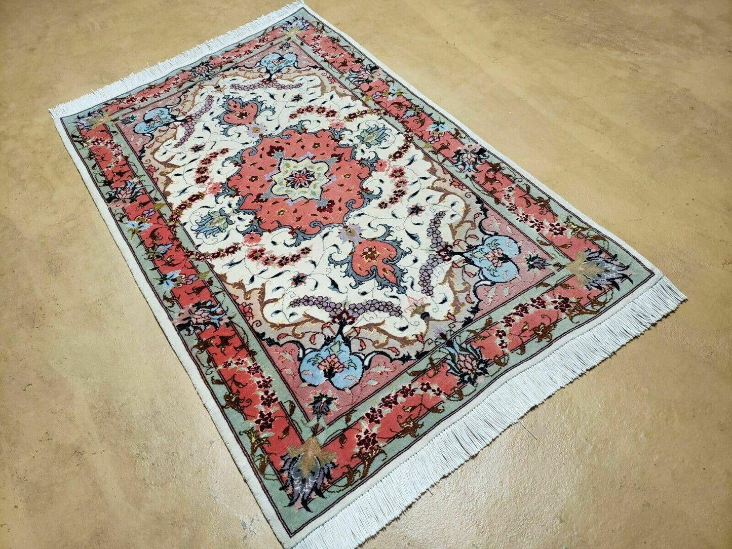 Vintage Persian Tabriz Wool Silk Rug Hand Knotted Medallion Ivory Salmon Light Blue