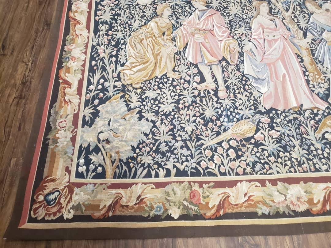 Vintage European Tapestry Aubusson Weave Wool Wall Hanging Courtship Scene Animals