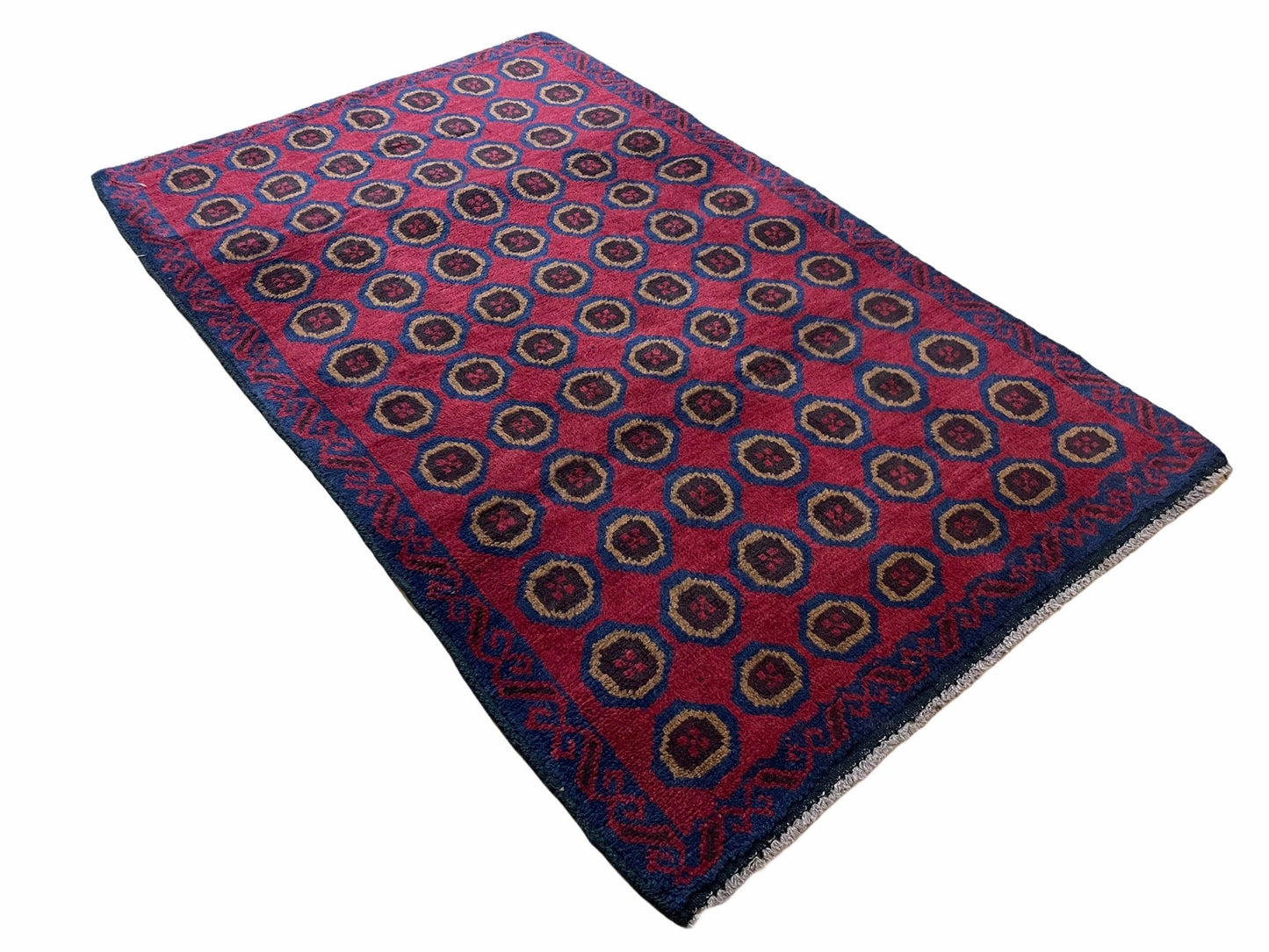 Balouchi Rug Vintage Handmade Tribal Wool Area Rug Afghan Red Beige Blue 3x4ft