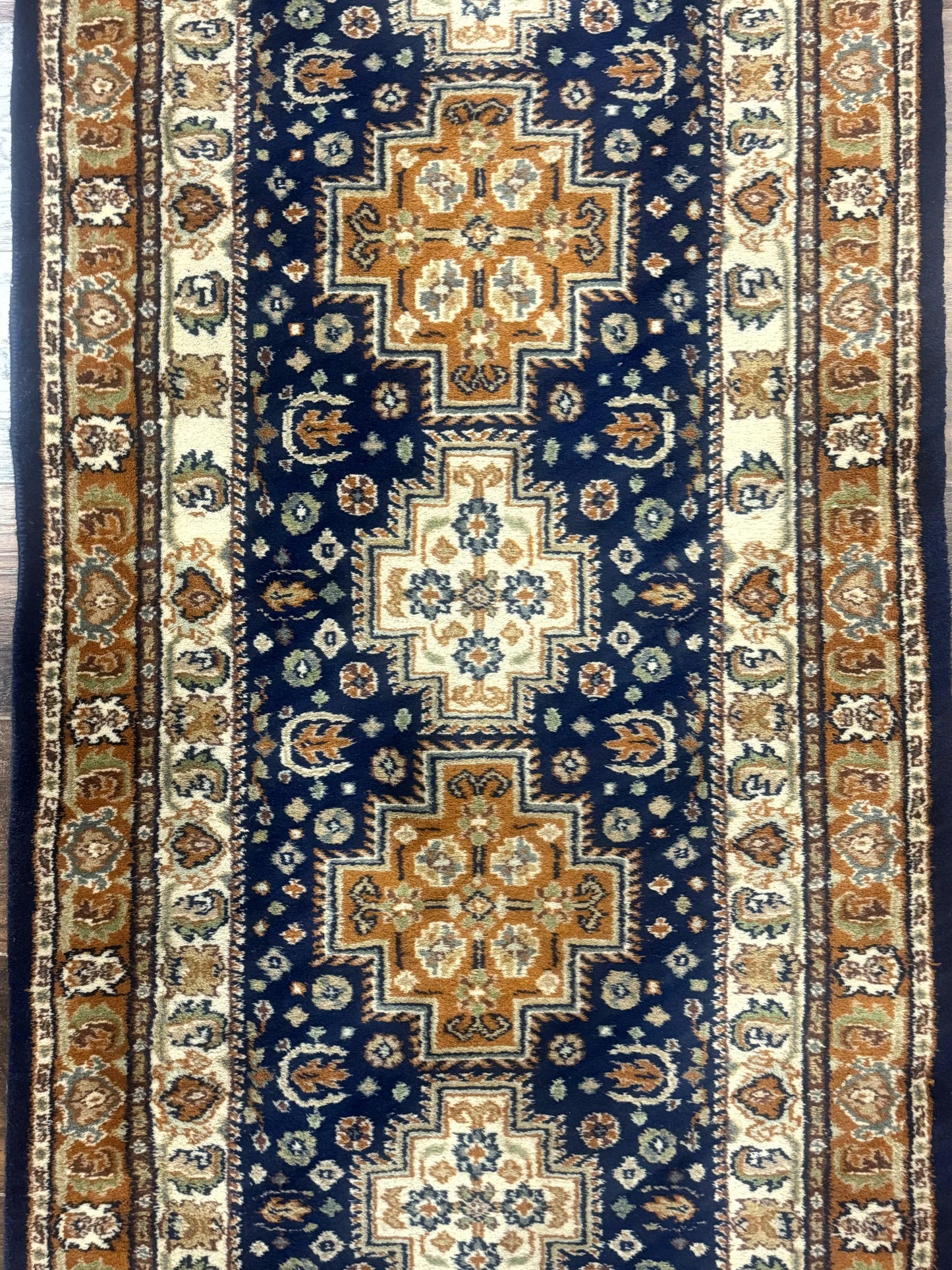 Indo Persian Kashmiri Wool Runner Rug 2.6x12.7 Navy Blue Geometric Medallions Handmade