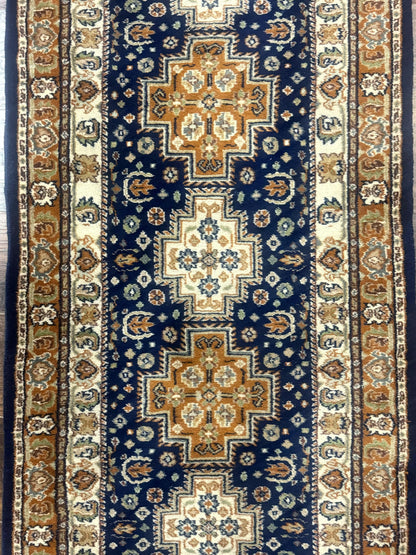 Indo Persian Kashmiri Wool Runner Rug 2.6x12.7 Navy Blue Geometric Medallions Handmade