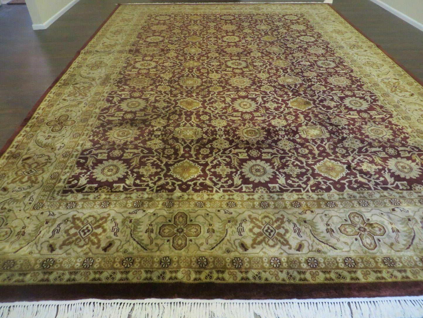 Indian Agra Rug 10x14 Vintage Handmade Wool Carpet Maroon Floral Design