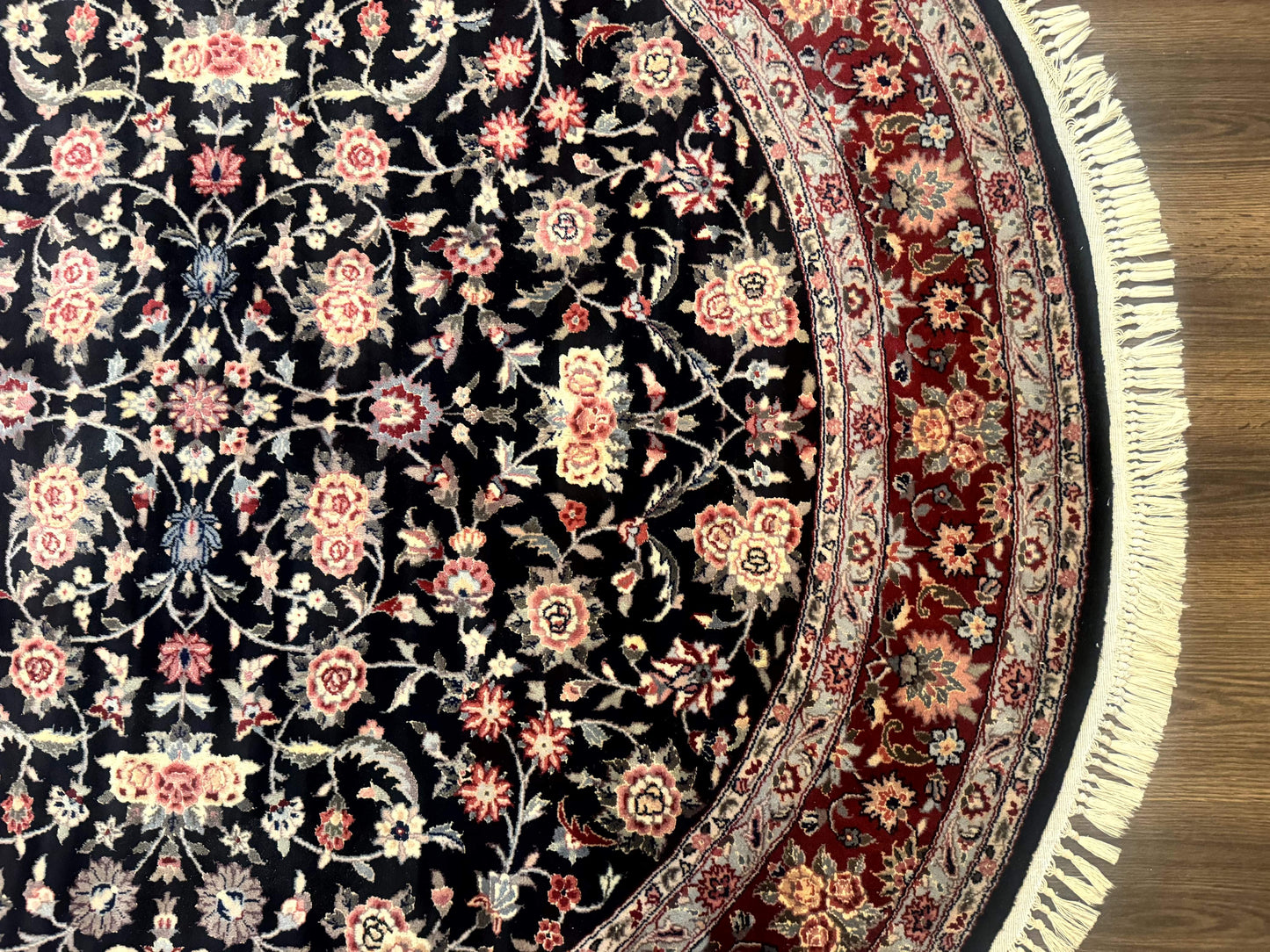 Round Sino Persian Rug 6x6 Floral Navy Blue Red Wool Silk Highlights
