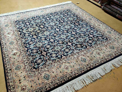 Handmade Wool Rug Floral Oriental Blue 73 Inch Square Carpet