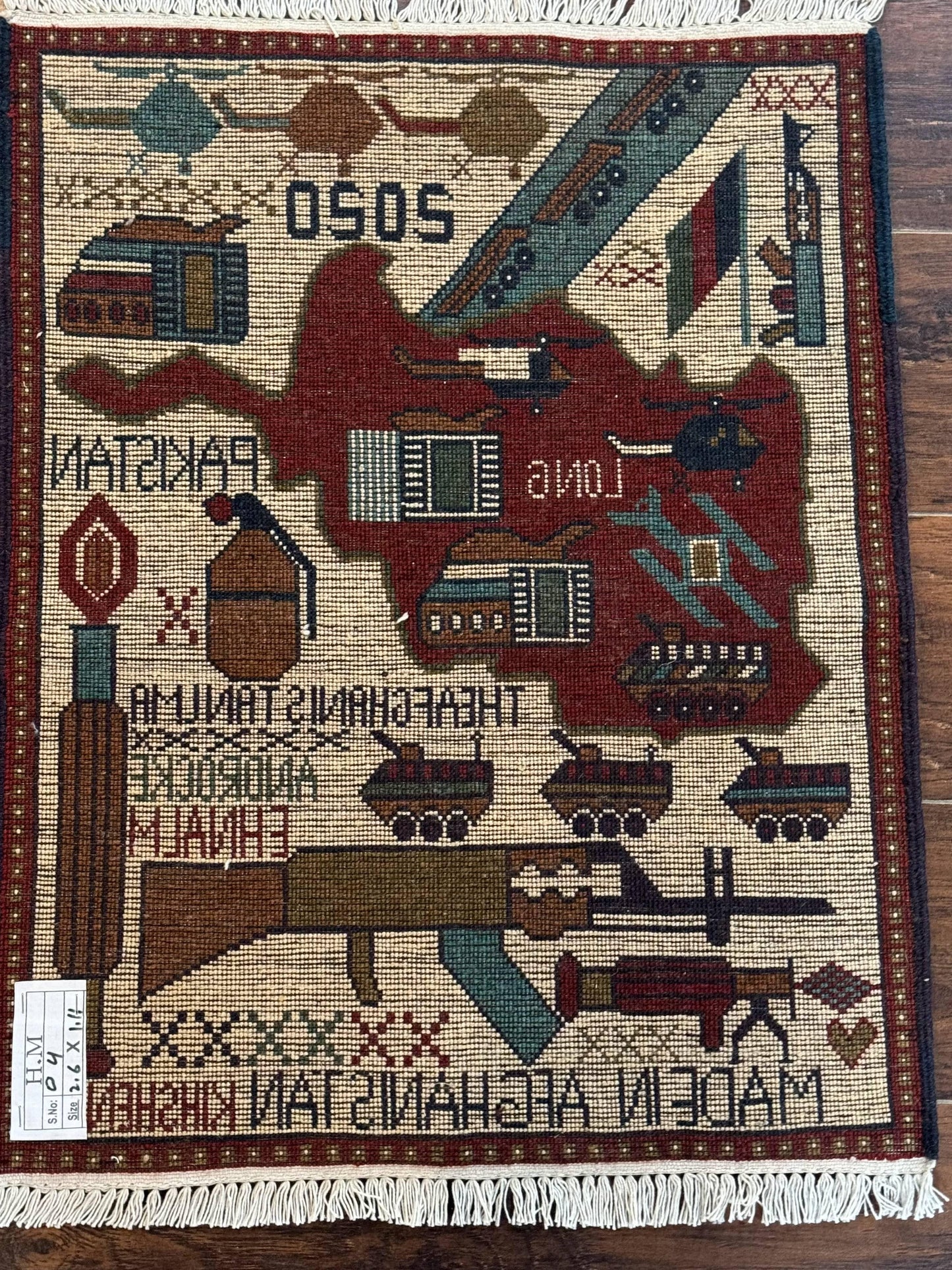 Afghan War Rug Hand Knotted Wool 2 X 2.6 Military Scene With Guns Tanks Helicopters