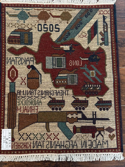 Afghan War Rug Hand Knotted Wool 2 X 2.6 Military Scene With Guns Tanks Helicopters