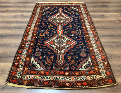Persian Hamadan Rug 4x6 Antique Navy Blue Geometric Double Medallions Tribal Carpet
