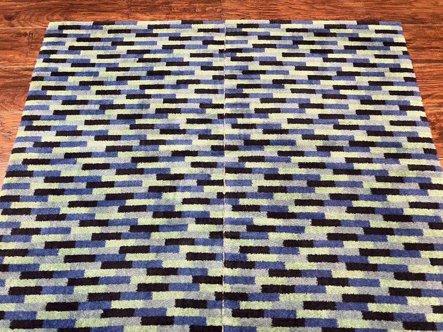Wool Runner Rug Blue Multicolor Mosaic Design 4.7 x 12 Contemporary Power Loomed