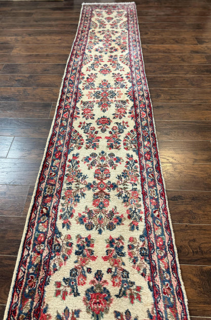 Persian Sarouk Runner Rug Handmade Wool Floral Hallway Ivory