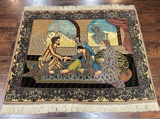 Persian Tabriz Pictorial Rug Hand Knotted Wool Vintage Wall Hanging Carpet Doctor And Patients