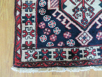 Persian Runner Rug 3.5 x 10.7 Navy Blue Karajeh Heriz Wool Geometric Medallions