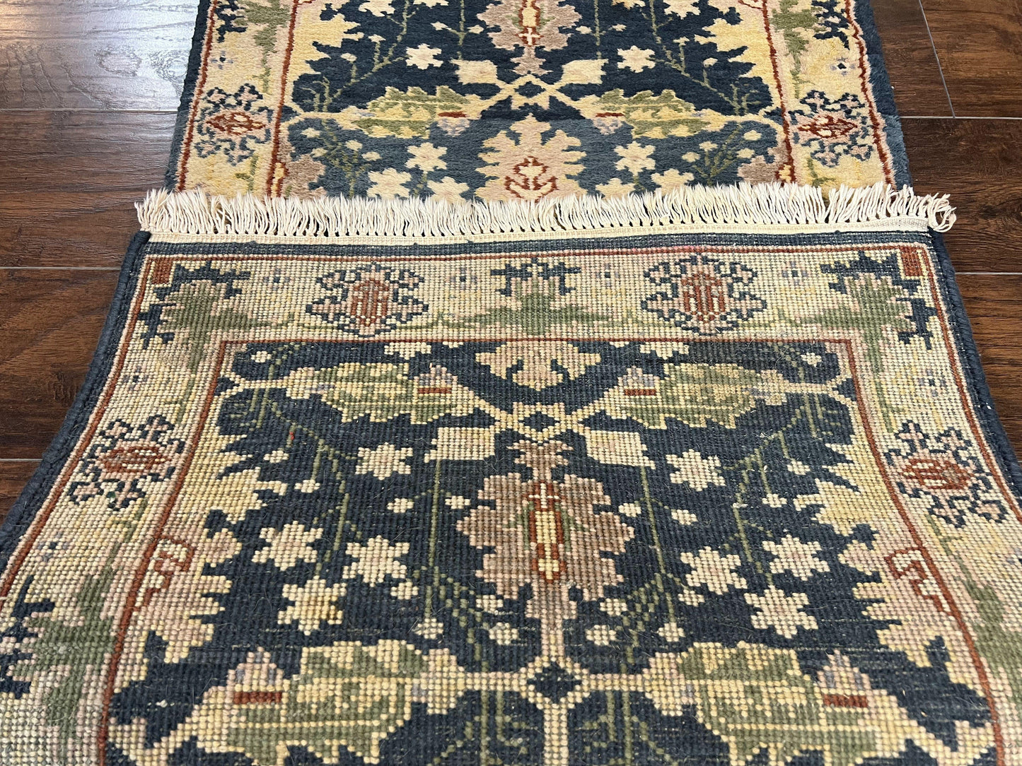 Indo Mahal Wool Hand Knotted Runner Rug 2.6 x 12 Navy Blue Beige Oriental Hallway Rug