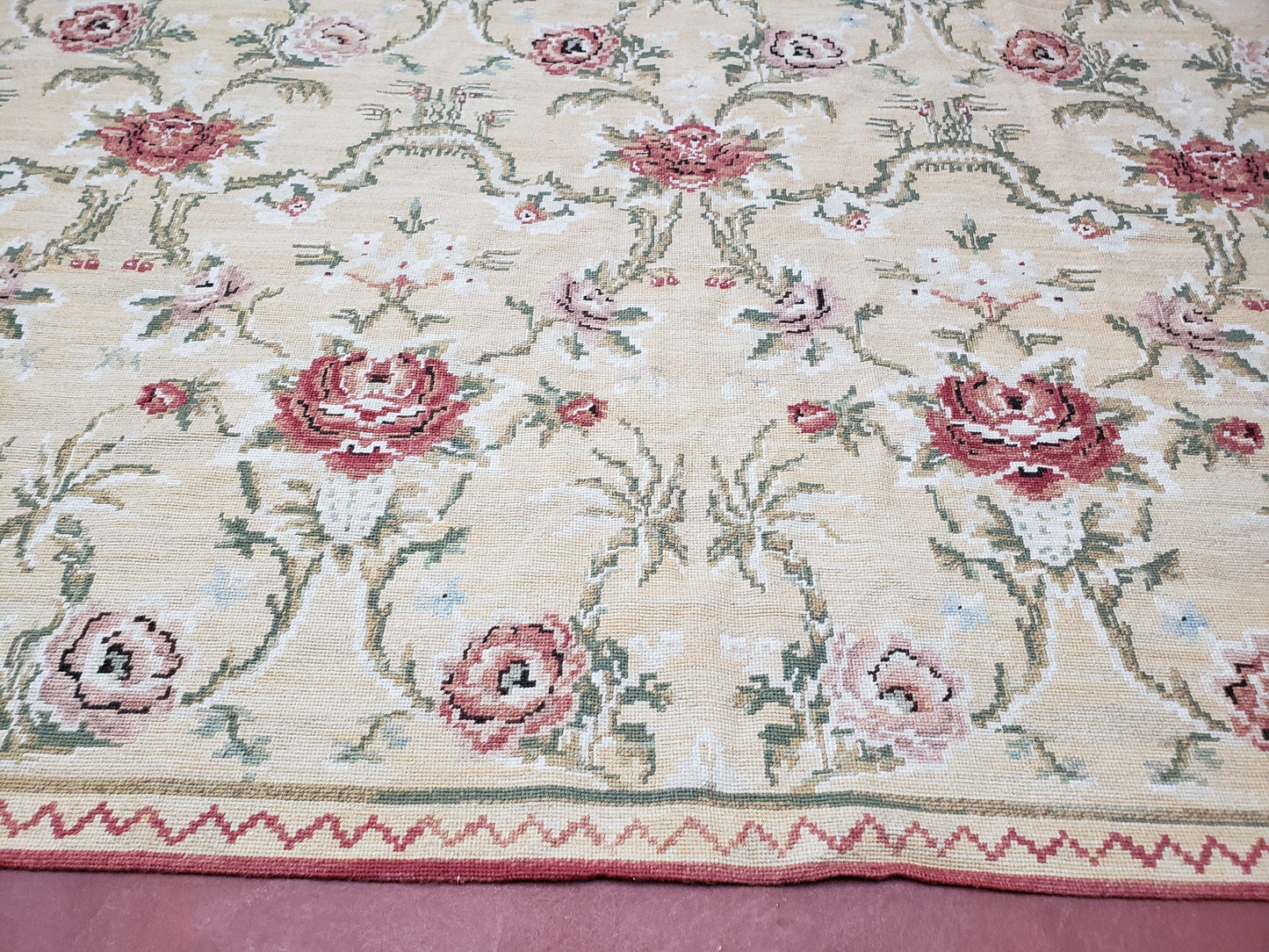 Needlepoint Rug 10x14 Wool Flatweave With English Floral Pattern In Pale Yellow Roses Handmade