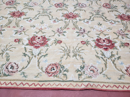 Needlepoint Rug 10x14 Wool Flatweave With English Floral Pattern In Pale Yellow Roses Handmade