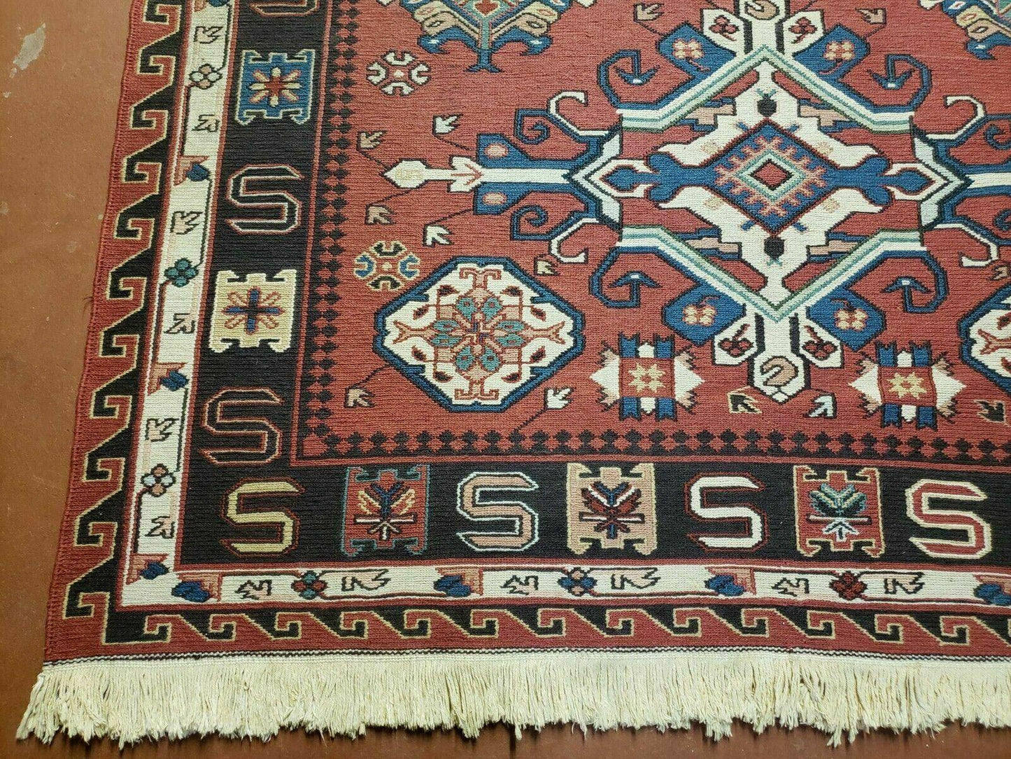 Vintage Russian Kilim Rug Soumak Flat Weave Wool 4x6 Caucasian Handmade 1980s