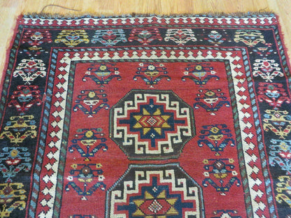 Hand Knotted Caucasian Kazak Wool Runner Rug Antique 1920s Medallion Design
