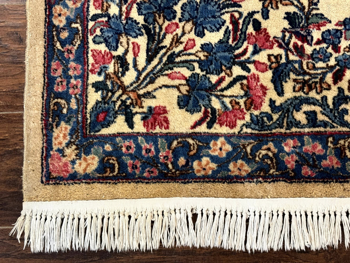 Persian Kerman Rug 4x4 Square Ivory Blue Pink Handmade 225 KPSI