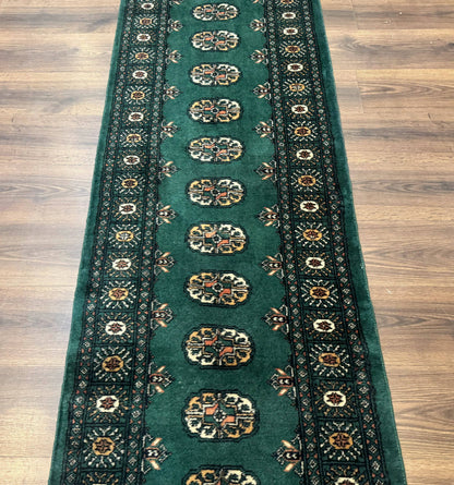 Pakistani Bokhara Runner Rug 2.5x11 Green Wool Hand Knotted Hallway Rug
