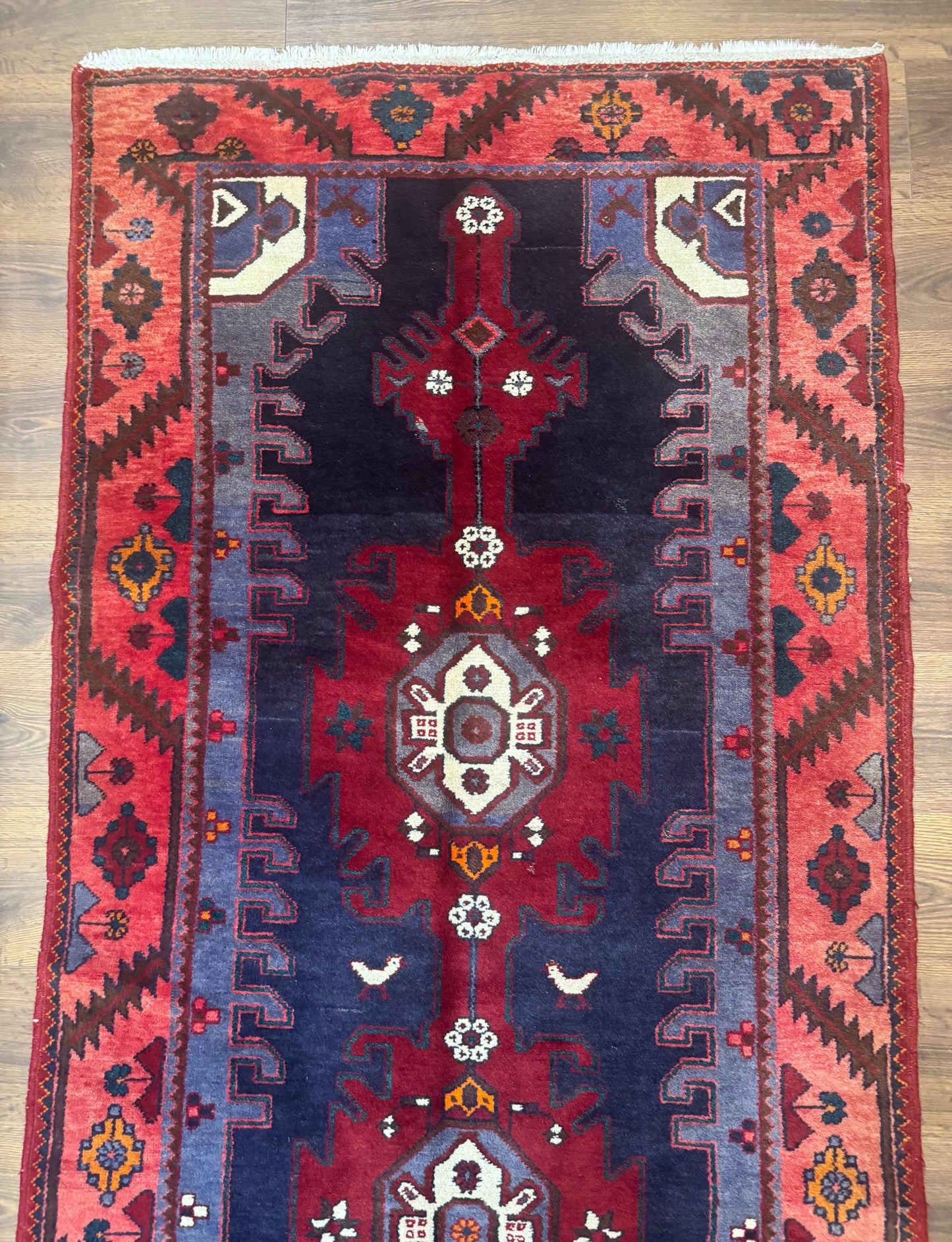 Persian Karajeh Runner Rug Navy Blue Geometric Medallions Handmade 3.6 x 9.5 Feet