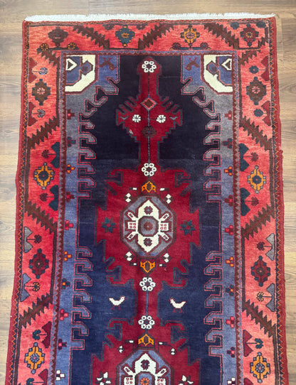 Persian Karajeh Runner Rug Navy Blue Geometric Medallions Handmade 3.6 x 9.5 Feet