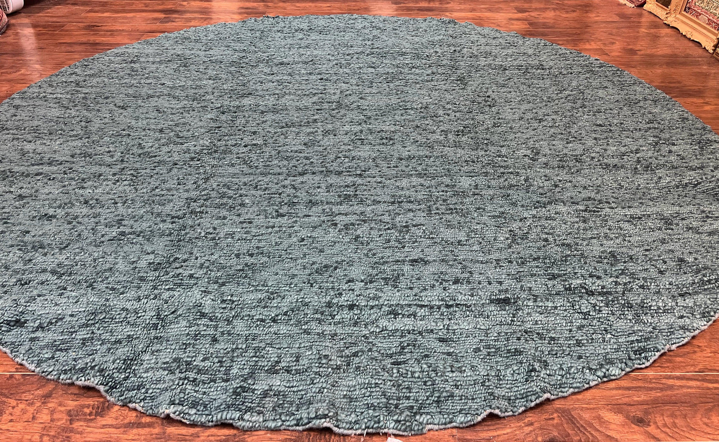 Round Indian Wool Rug Hand Knotted Teal Vintage Home Decor