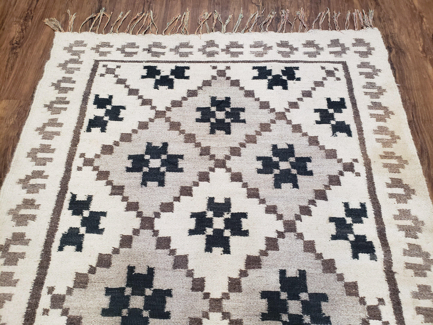 Semi Antique South American Handwoven Wool Kilim Rug 4x8 Runner Diamond Panel