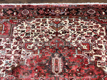 Persian Heriz Rug 10x13 Handmade Wool Hand Knotted Red Cream Geometric Tribal Semi Antique Carpet