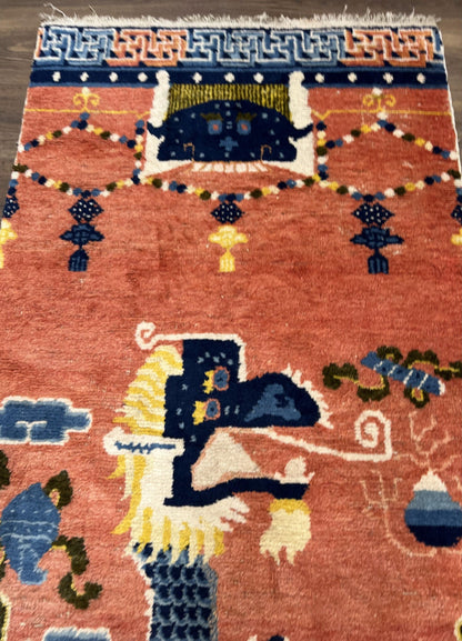 Ningxia Pillar Rug Hand Knotted Wool Carpet Five Clawed Dragon Border Late Qing Dynasty 3x8 Collectible