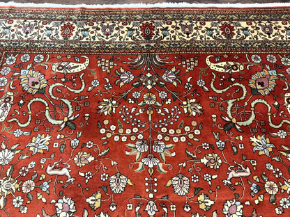 Romanian Rug Vintage Hand Knotted Wool Carpet 10x13 Floral Birds Red Cream Signed Masterweaver