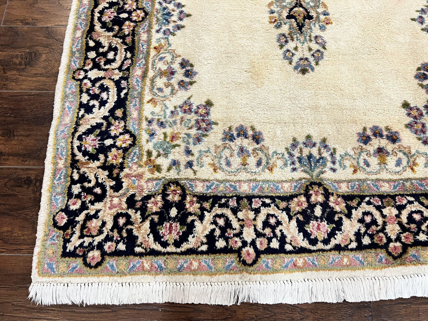Persian Kirman Rug 4x7 Hand Knotted Wool Antique Carpet Beige Medallion Design