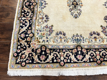 Persian Kirman Rug 4x7 Hand Knotted Wool Antique Carpet Beige Medallion Design