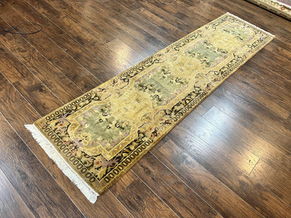 Tibetan Runner Rug Wool 2.6 By 10 Vintage Handmade European Aubusson Pattern Hallway
