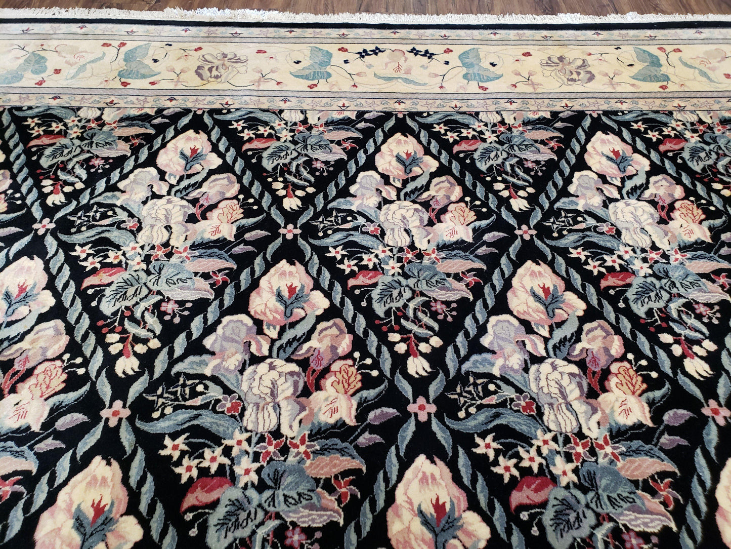 Black Kirman Rug Wool Handmade Floral Oriental Carpet 8x11 Room Size