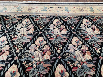 Black Kirman Rug Wool Handmade Floral Oriental Carpet 8x11 Room Size