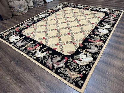 Vintage Hooked Rug 7x9 Rooster Border With Roses And Butterflies